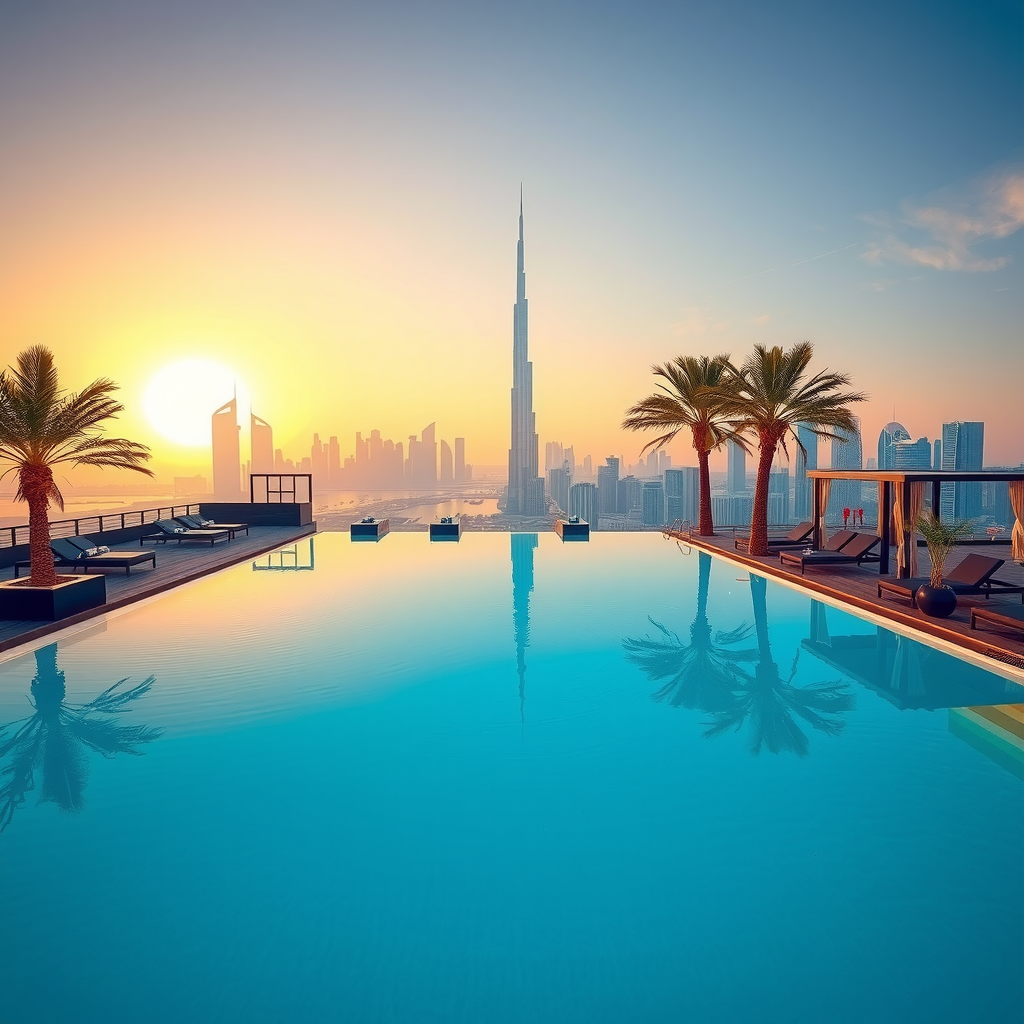 Stunning infinity pool at My Aura Sky Pool overlooking Dubai's iconic skyline during golden hour, featuring crystal-clear turquoise water, elegant loungers, and palm trees framing the view