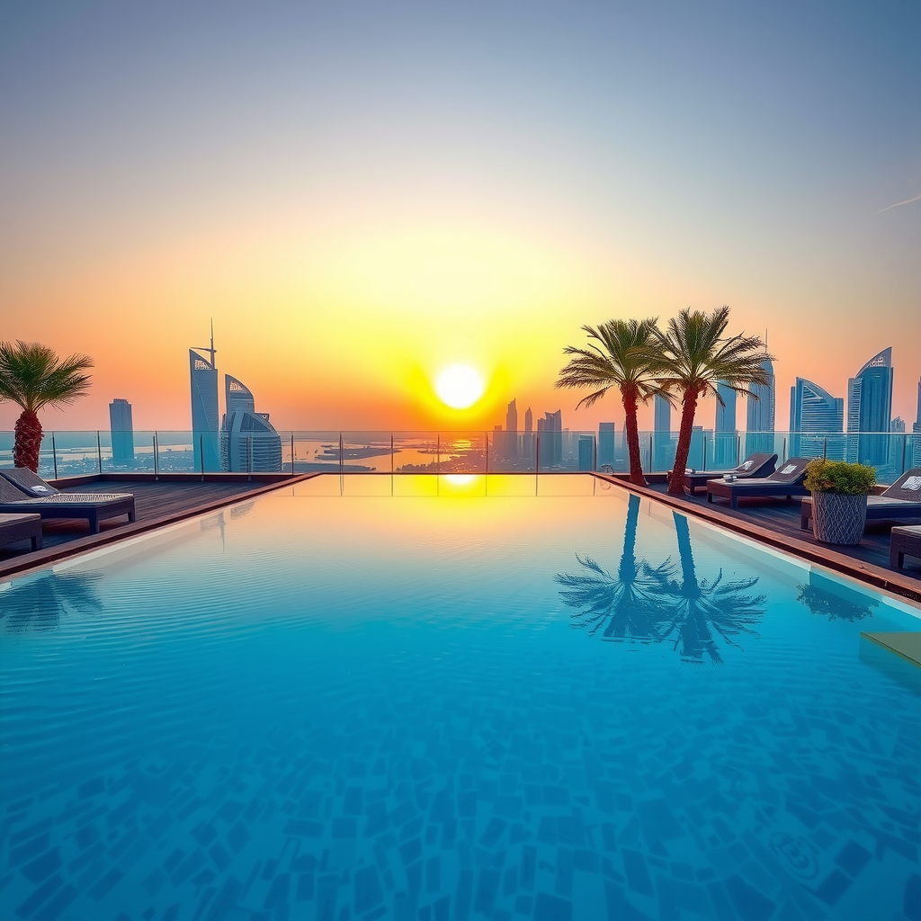 Stunning infinity pool at My Aura Sky Pool with panoramic Dubai skyline views, crystal clear water reflecting golden sunset, luxury loungers, and palm trees creating an exclusive atmosphere