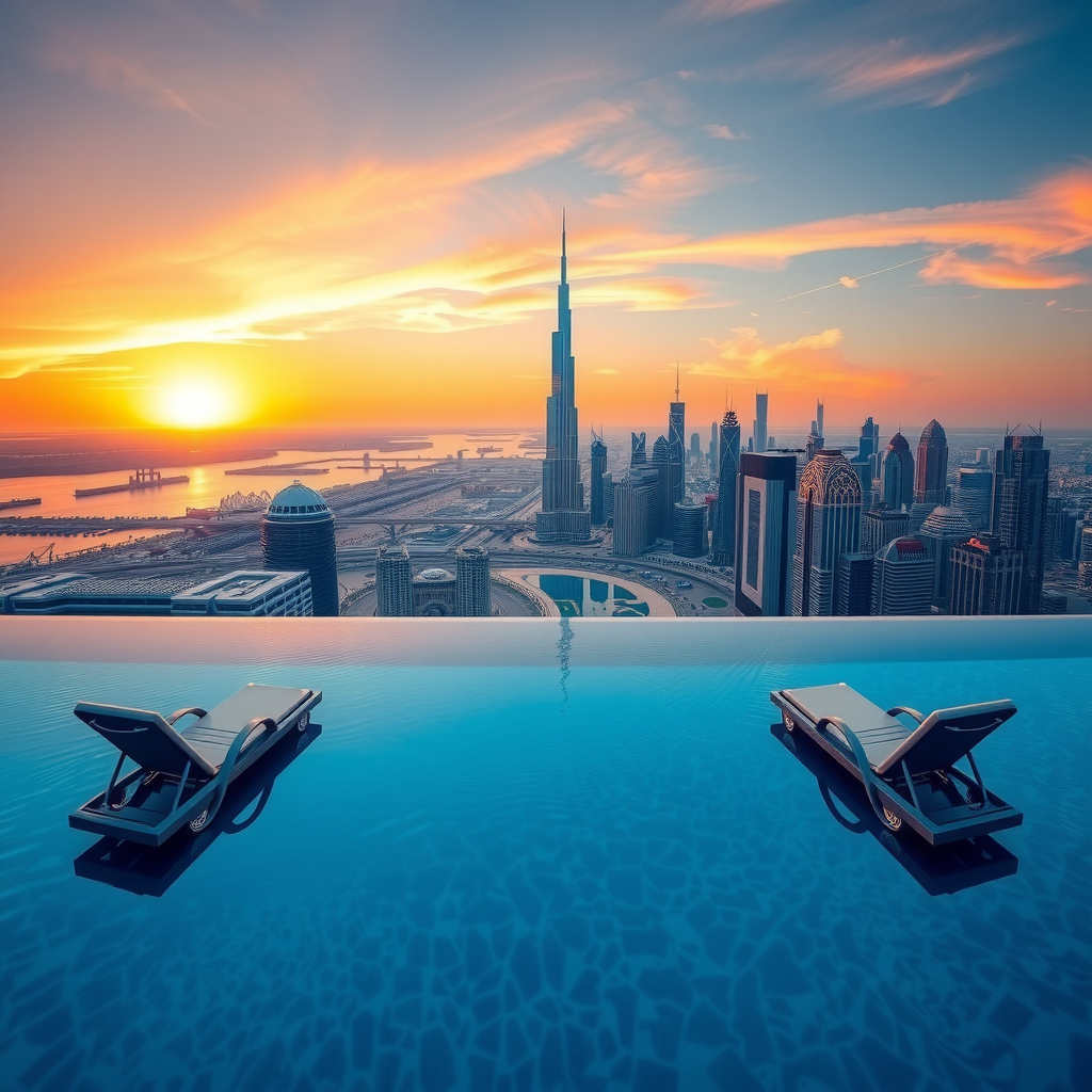 Stunning infinity pool overlooking Dubai skyline at sunset with luxurious lounge chairs and champagne service, showcasing architectural excellence and panoramic city views
