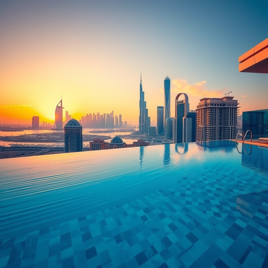 Luxurious infinity pool with panoramic Dubai skyline view at sunset, featuring crystal-clear water reflecting golden hour colors and modern architectural design