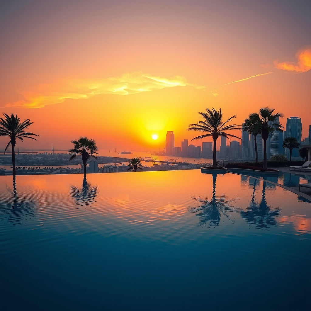 Stunning sunset view from Dubai infinity pool with golden hour lighting reflecting off the water, silhouettes of palm trees, and the city skyline painted in warm orange and pink hues