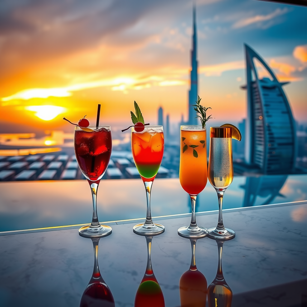 Elegant cocktails on a modern bar counter overlooking Dubai skyline at sunset with infinity pool in background, featuring colorful tropical drinks with garnishes, champagne flutes, and sophisticated glassware against golden hour lighting