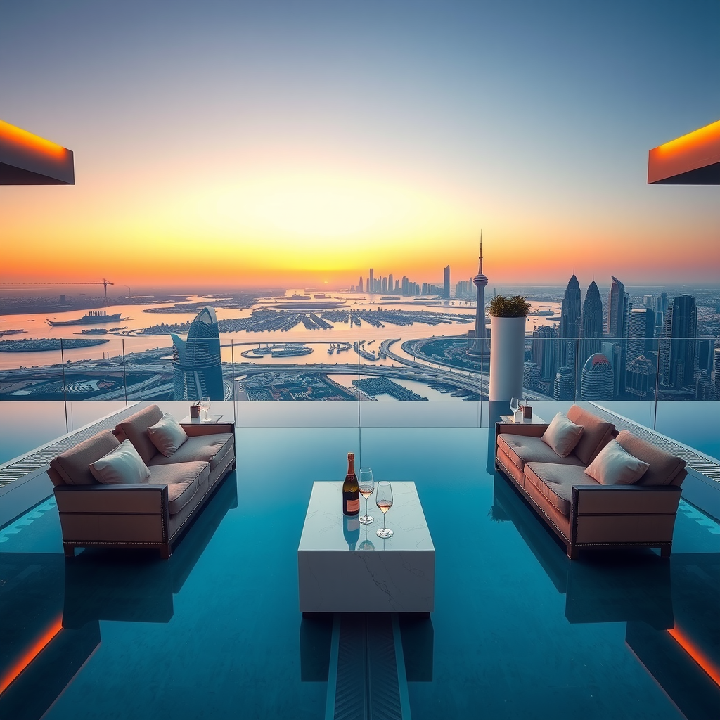 Elegant private lounge area at an infinity pool with plush seating, champagne service, and panoramic Dubai skyline views at sunset