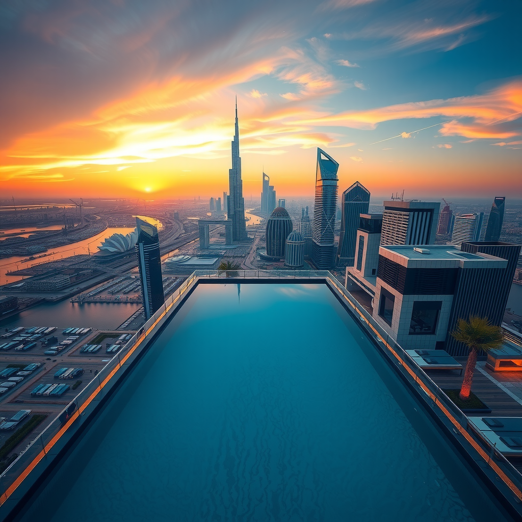 Stunning aerial view of Dubai's skyline featuring a luxurious rooftop infinity pool with panoramic city views at sunset, showcasing the contrast between urban sophistication and aquatic luxury