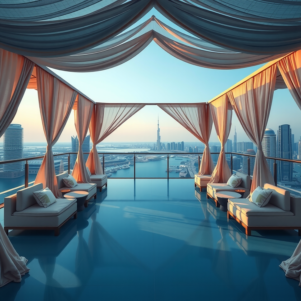Exclusive private cabanas and luxury lounges at Aura Sky Pool with plush seating, elegant draping, and panoramic views of Dubai, showcasing premium amenities and sophisticated design