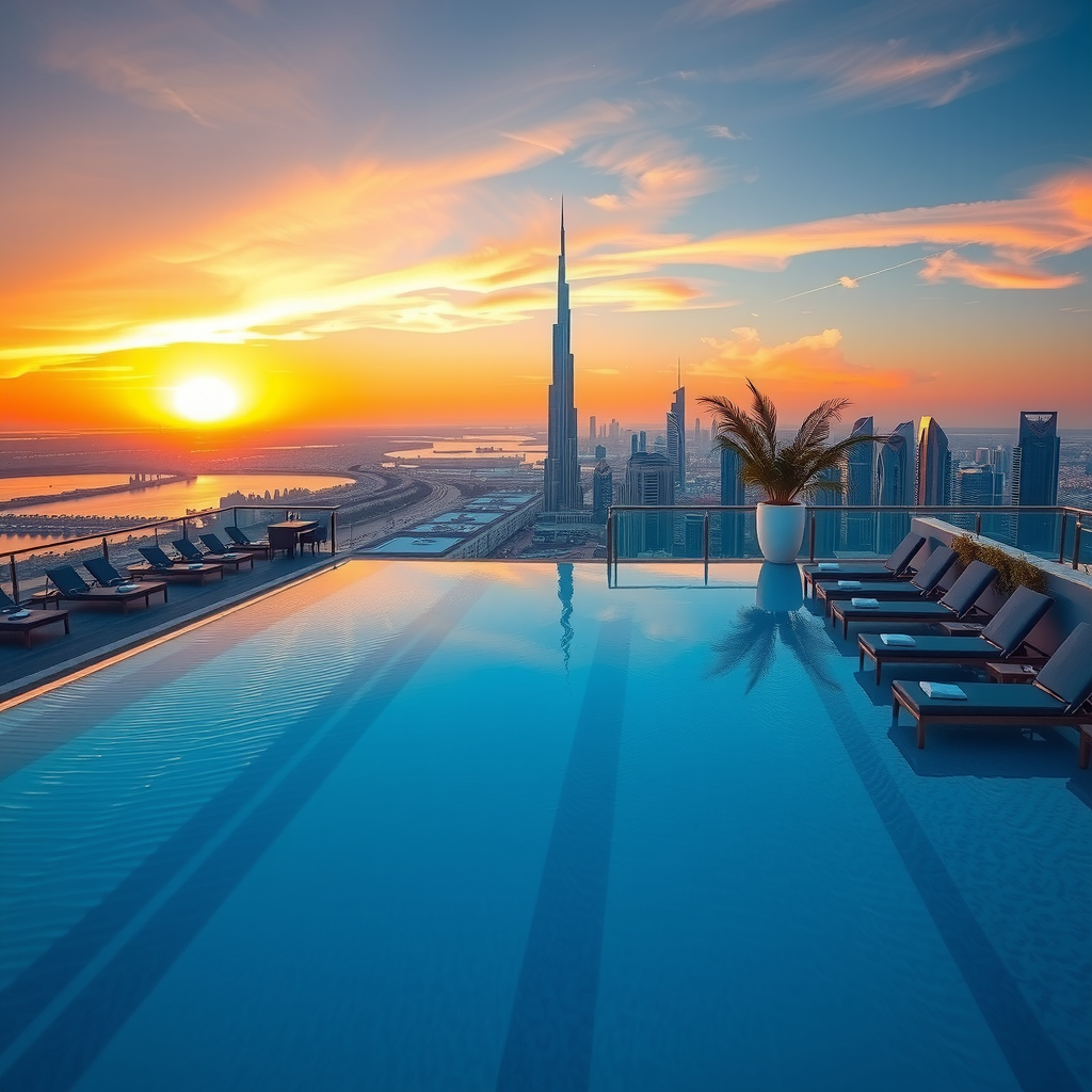 Stunning infinity pool overlooking Dubai skyline at sunset with luxurious loungers and champagne service, showcasing the ultimate rooftop pool experience with panoramic city views