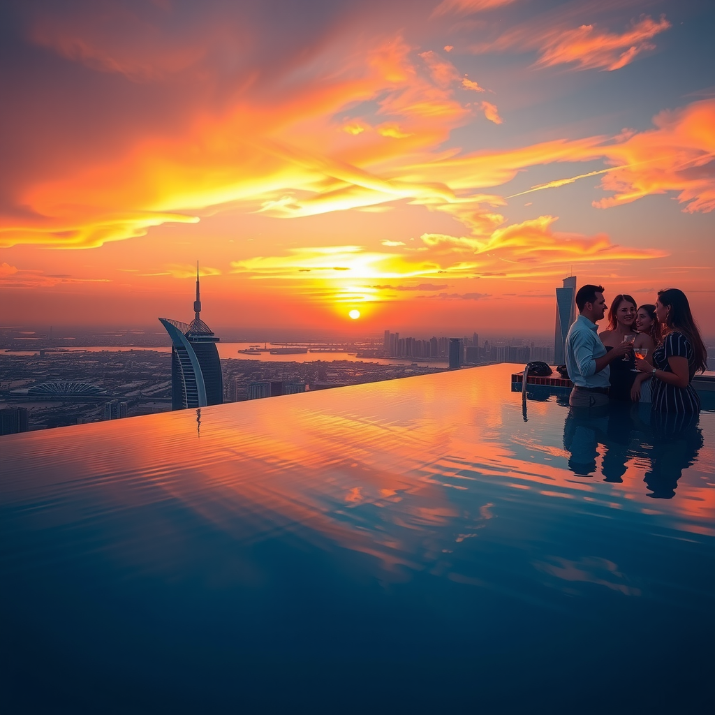 Breathtaking Dubai sunset view from rooftop infinity pool with golden hour lighting, silhouettes of guests enjoying cocktails, and vibrant orange-pink sky reflecting on water surface
