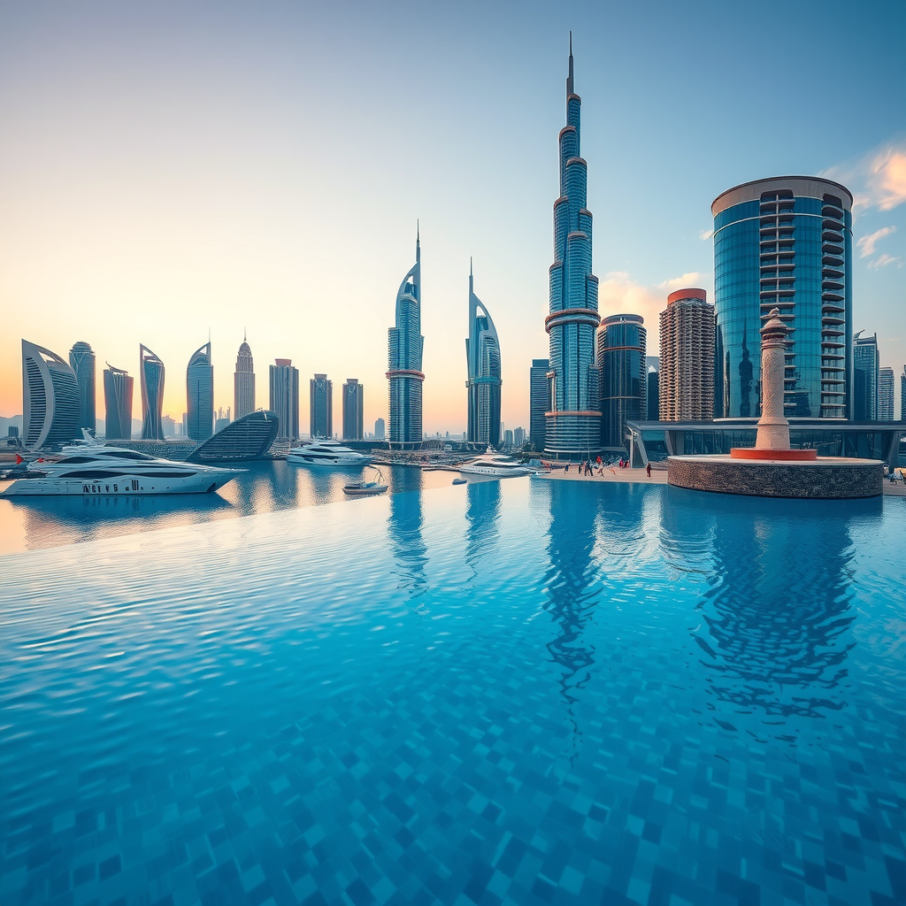 Aerial perspective of infinity pool edge seamlessly blending with Dubai Marina skyline, showcasing the vanishing edge effect with luxury yachts and high-rise buildings in the background