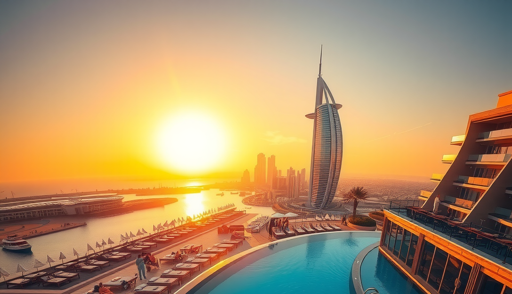 Aerial view of luxury infinity pool during golden hour with guests relaxing on loungers, warm golden sunlight creating long shadows, and the Dubai skyline glowing in the background