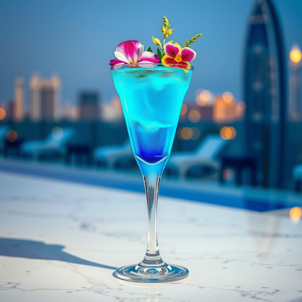 Stunning blue gradient cocktail in a tall elegant glass garnished with edible flowers and gold leaf, served on a white marble surface with Dubai skyline blurred in background, capturing the essence of luxury poolside drinking