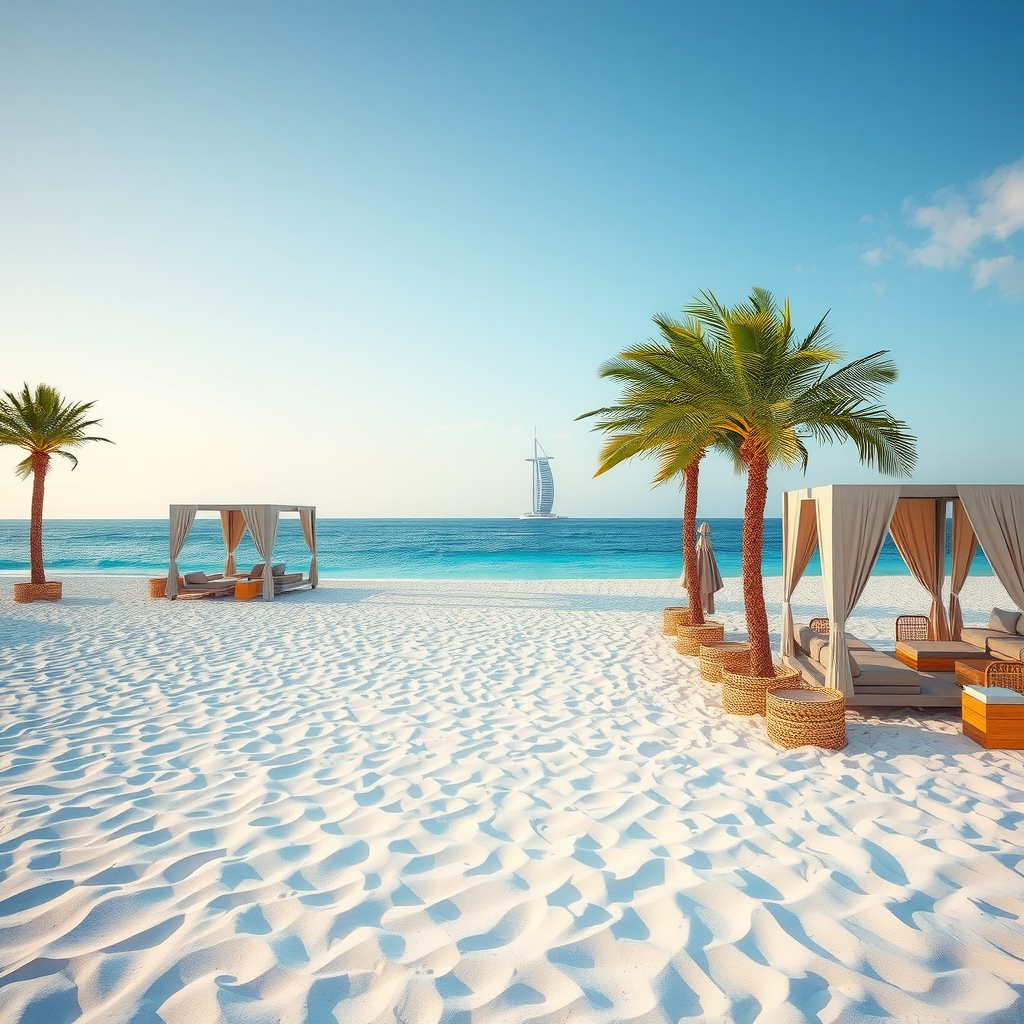 Elegant beach club setting along Dubai's coastline with pristine white sand, turquoise waters of the Arabian Gulf, luxury cabanas, and palm trees creating a tropical paradise atmosphere