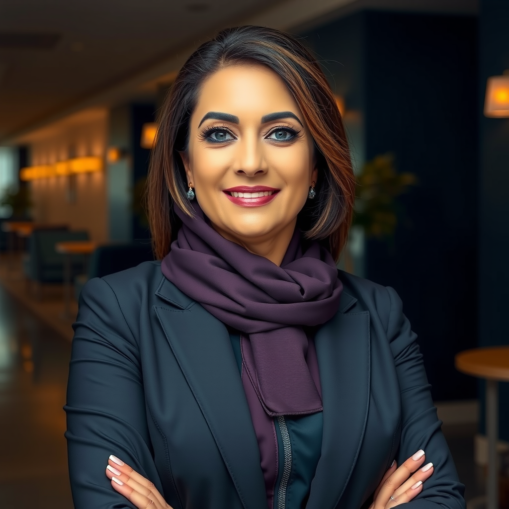 Amira Al-Rashid, General Manager of My Aura Sky Pool, professional portrait showing confident hospitality leader in elegant business attire