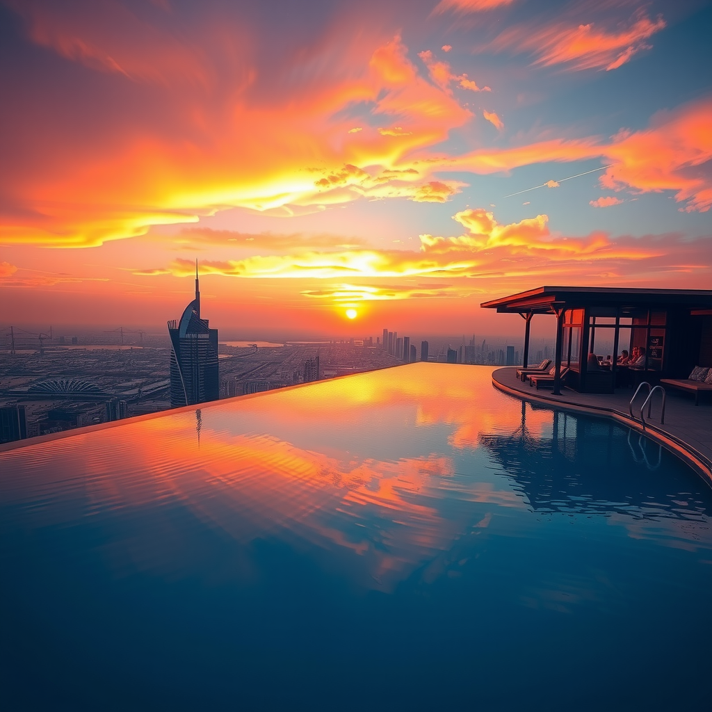 Breathtaking golden hour sunset view from Dubai rooftop infinity pool with vibrant orange and pink sky reflecting on water, perfect timing for photography and romantic moments at luxury sky lounge