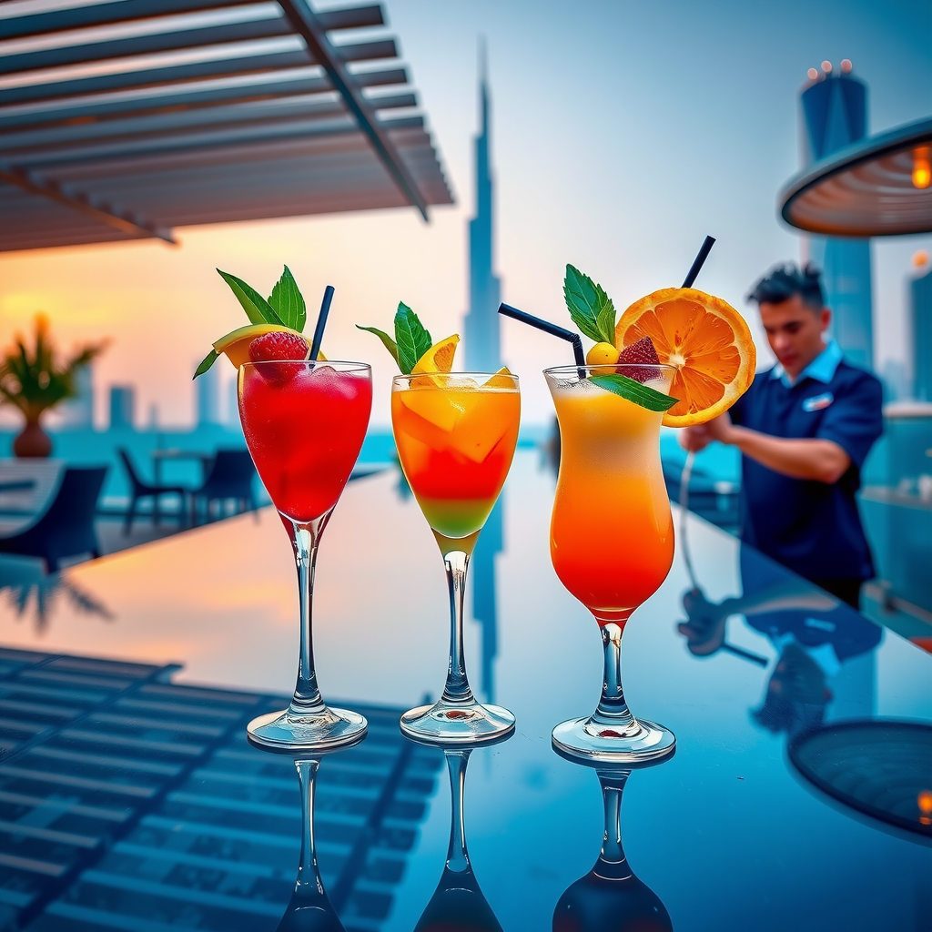 Elegant cocktail presentation at luxury rooftop pool bar with colorful tropical drinks, garnished with fresh fruits, Dubai skyline in background, professional bartender crafting beverages