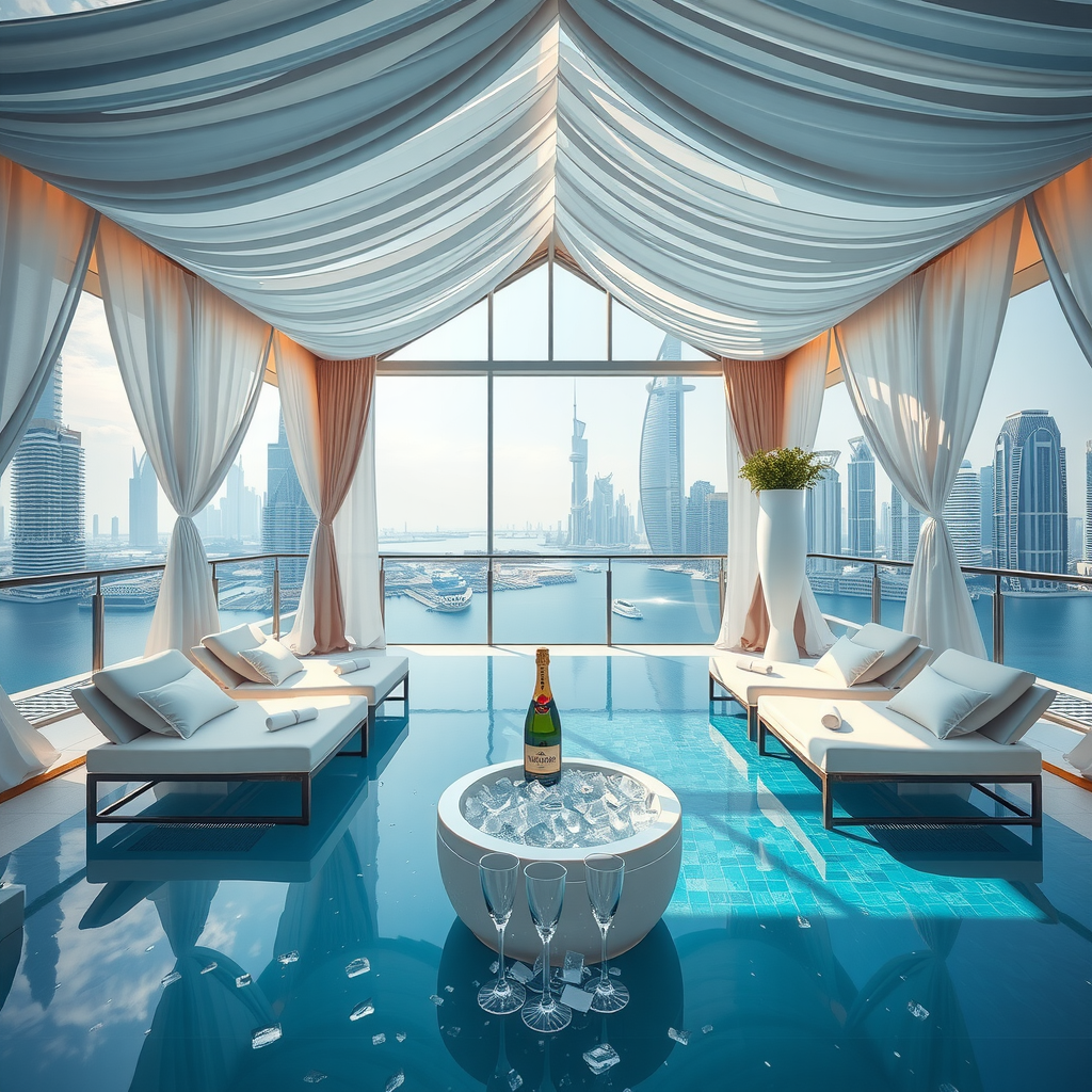 Elegant poolside cabana with white draping, comfortable loungers, champagne service on ice, and panoramic Dubai skyline views through floor-to-ceiling openings