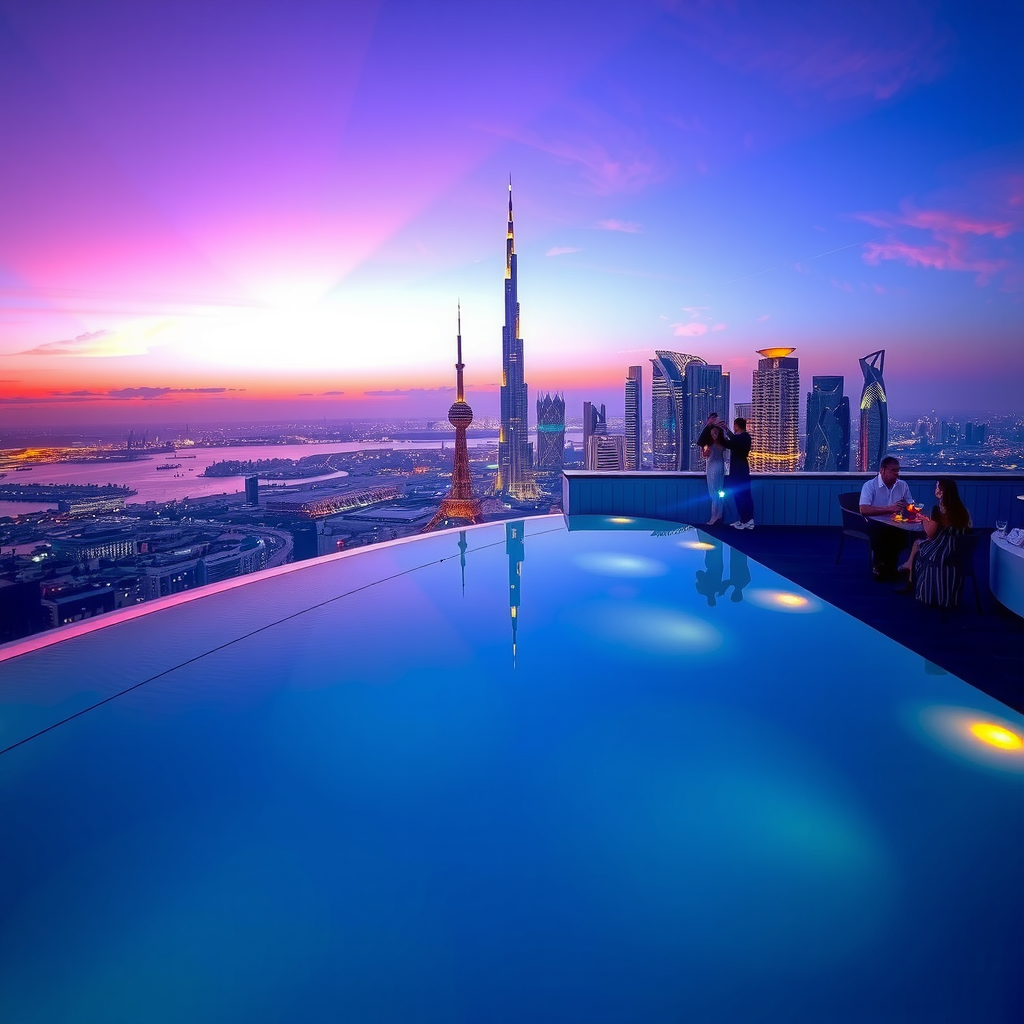 Luxury rooftop infinity pool at twilight with ambient lighting, guests enjoying cocktails, the pool water reflecting purple and blue evening sky, and Dubai's illuminated skyline in the distance
