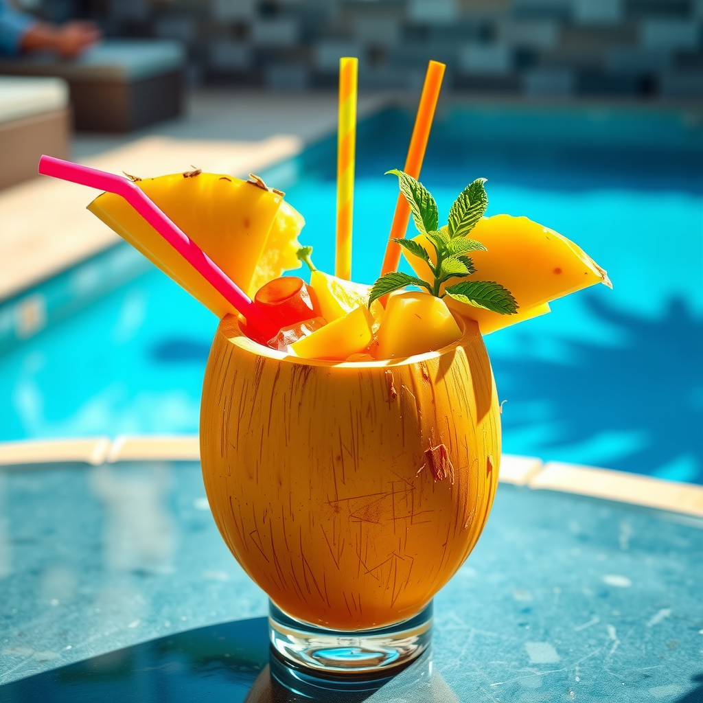 Vibrant tropical cocktail in a coconut shell with fresh pineapple, mango, and mint garnish, served with colorful straws on a poolside table with turquoise water visible in background, embodying refreshing summer luxury