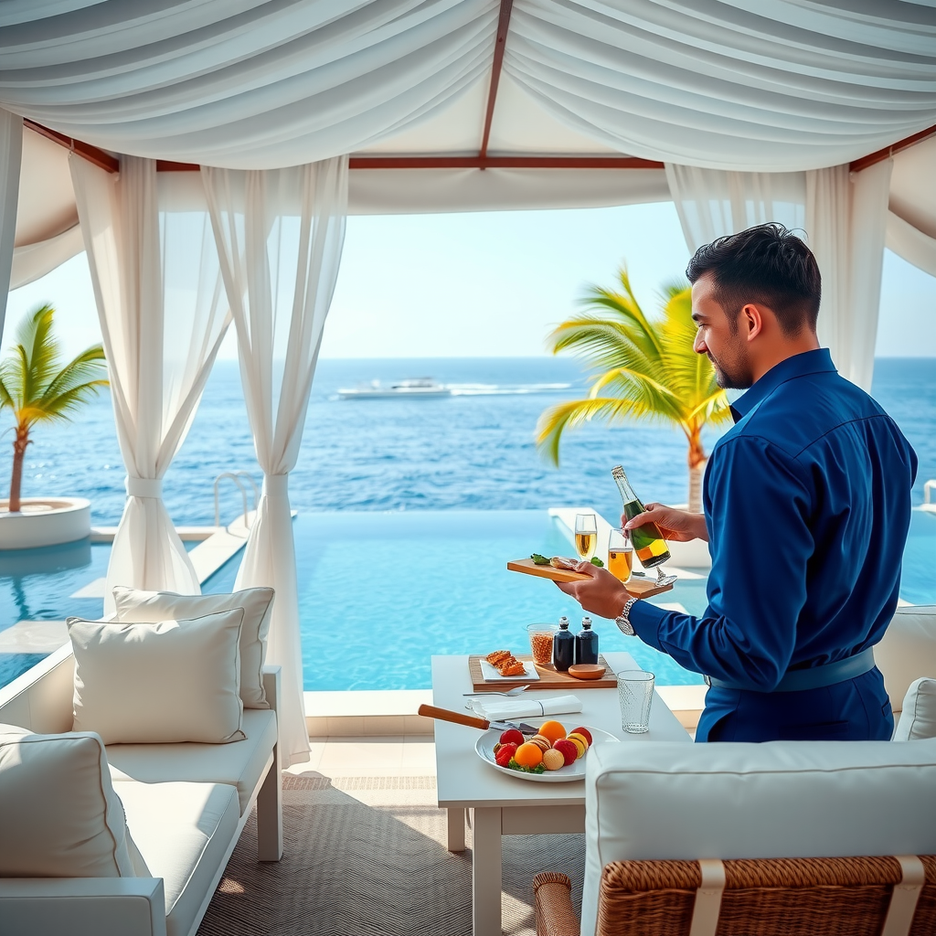 Attentive pool attendant serving champagne and gourmet appetizers to guests in a private cabana with white curtains and luxury furnishings overlooking the infinity pool