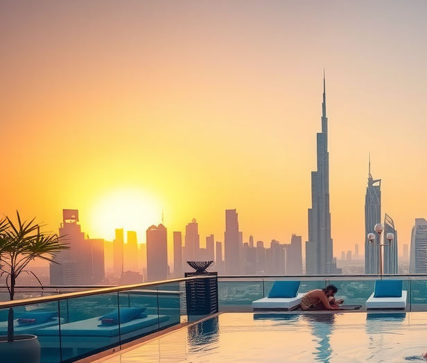 Sophisticated rooftop pool scene with elegantly dressed guests enjoying cocktails by an infinity pool during golden hour, with Dubai's modern skyline creating a glamorous backdrop