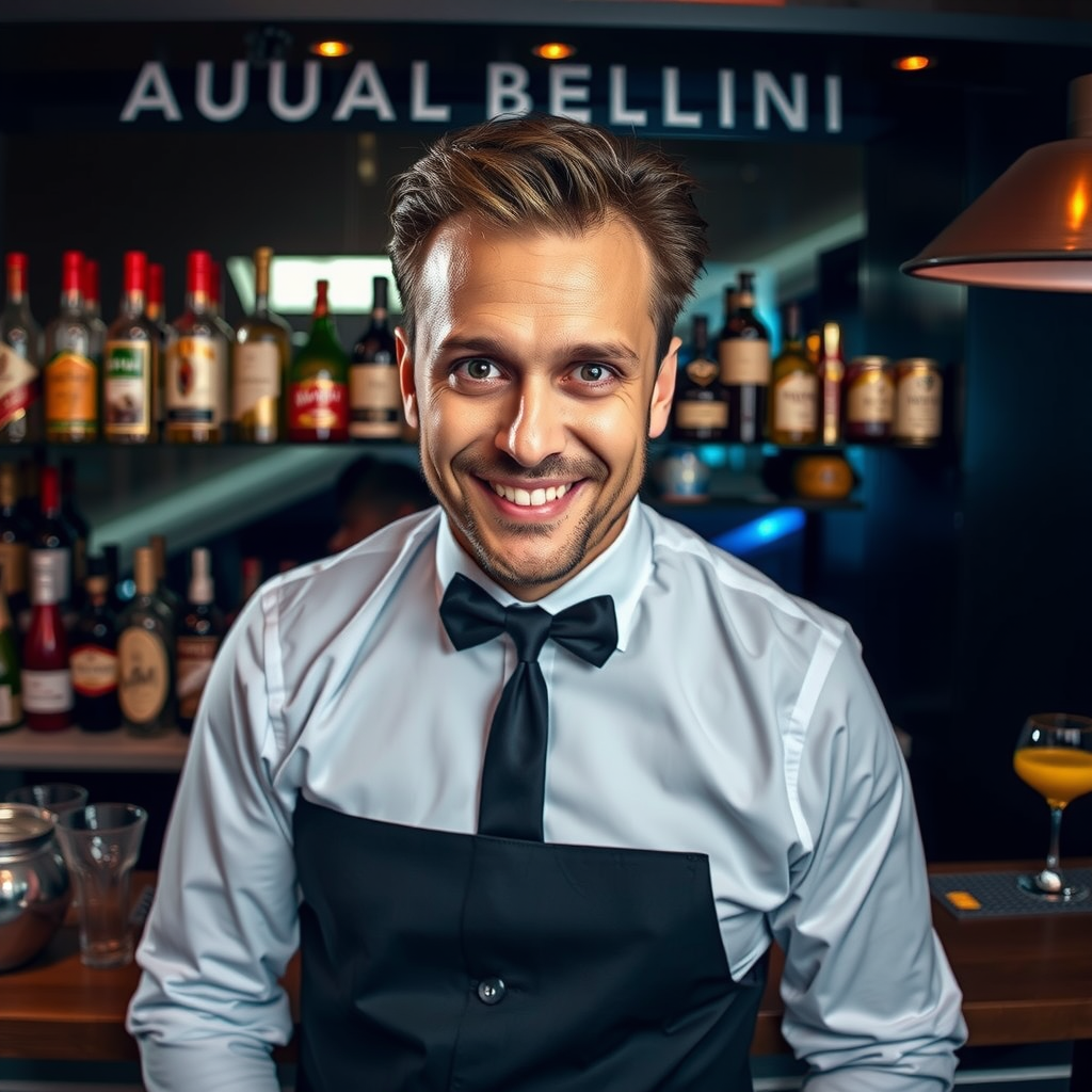 Marco Bellini, Head Mixologist at Aura Sky Pool, professional portrait of expert bartender with sophisticated cocktail bar background