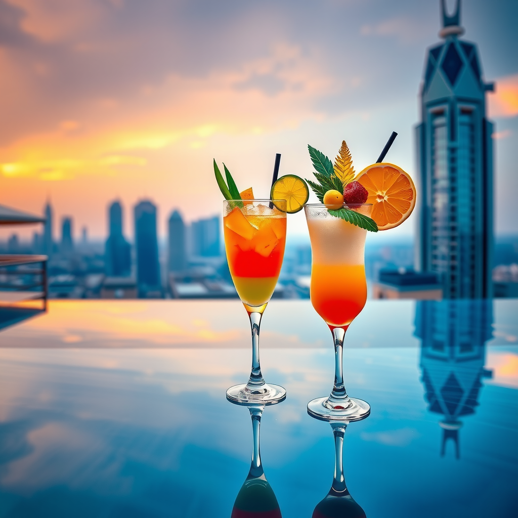 Elegant cocktail presentation at Dubai infinity pool bar with tropical drinks, champagne glasses, and fresh garnishes against stunning skyline backdrop, showcasing premium mixology and poolside beverage service