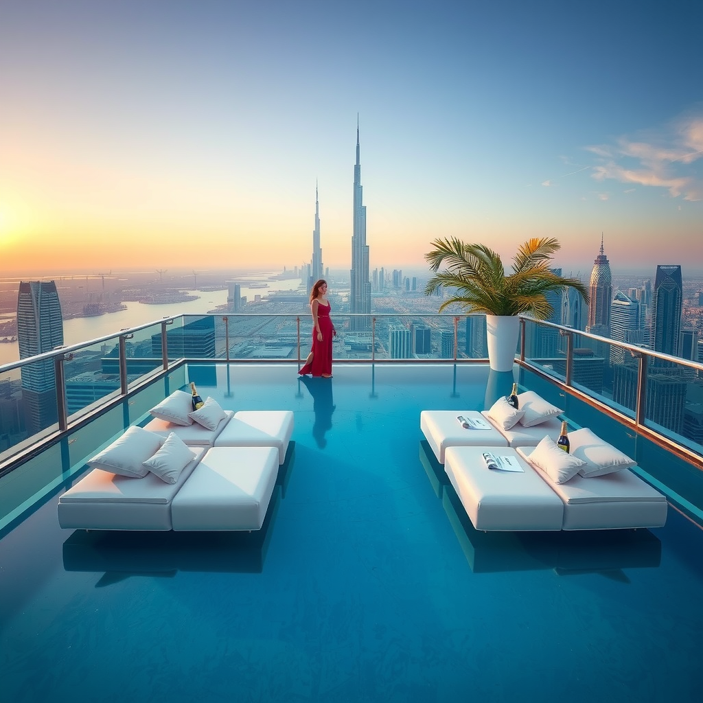 Exclusive private lounge area at rooftop infinity pool with plush white daybeds, champagne service, personal attendant, intimate setting with Dubai skyline panorama