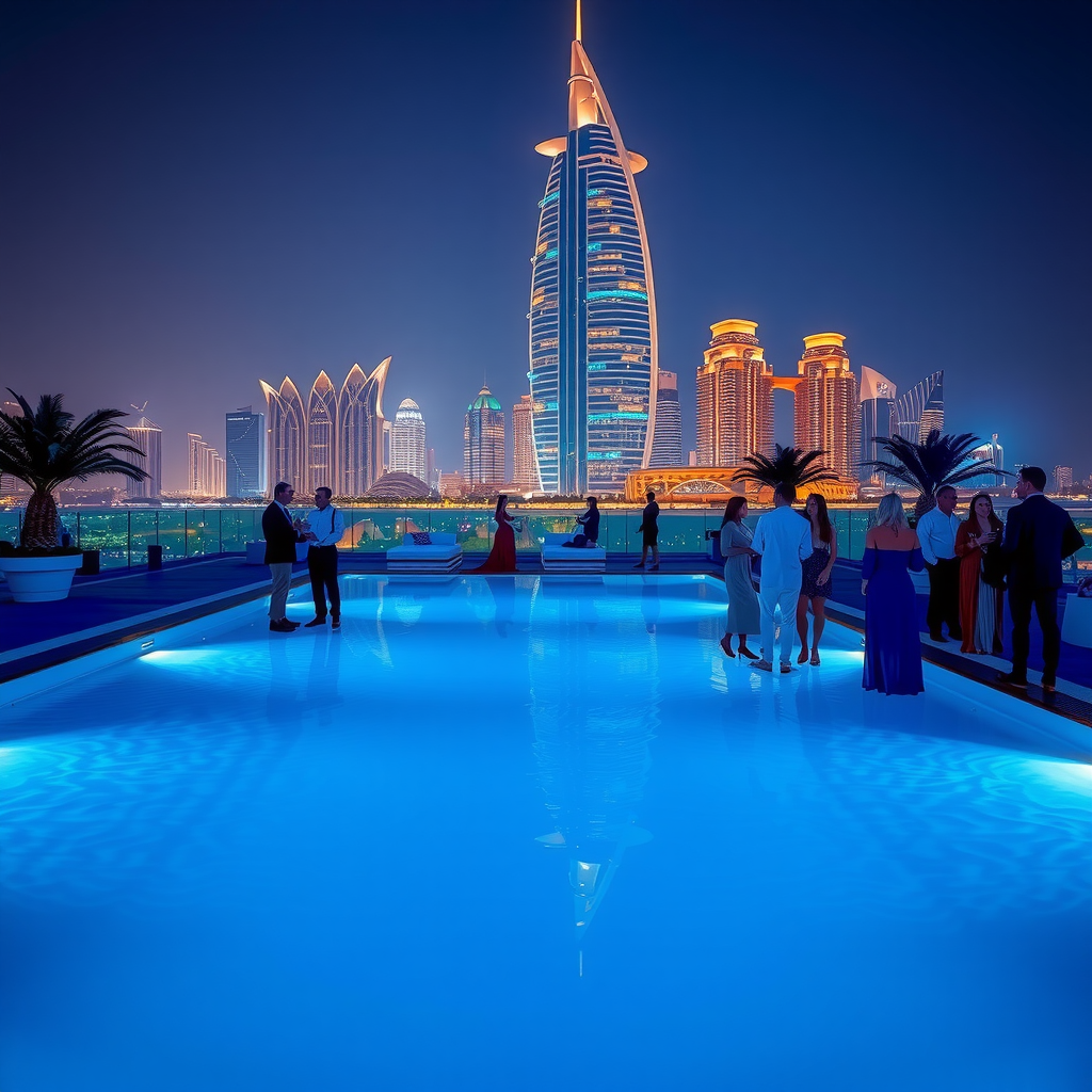 Sophisticated evening pool gathering with ambient LED lighting, elegant guests socializing around the infinity pool, and illuminated Dubai skyline creating a glamorous backdrop