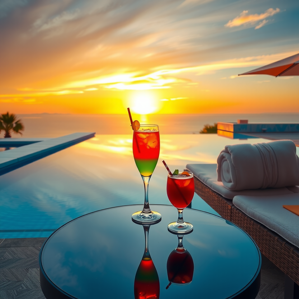 Elegant poolside scene with colorful cocktails on a table, infinity pool in the background, golden sunset sky, and luxurious lounge chairs with plush towels