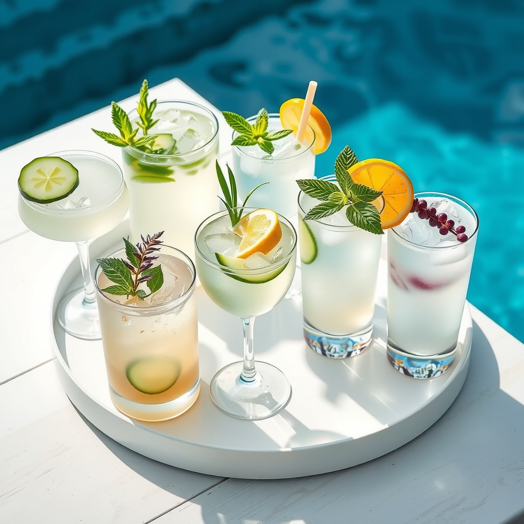 Array of wellness-focused cocktails with fresh herbs, cucumber, and botanical garnishes on a minimalist white tray, featuring clear and light-colored drinks that emphasize health-conscious luxury poolside drinking