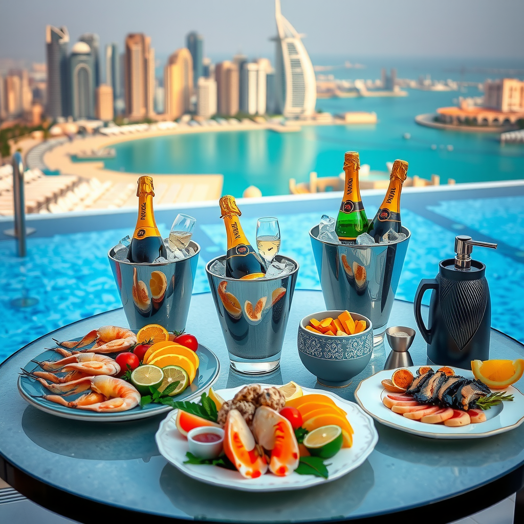 Elegant display of champagne bottles in ice buckets, gourmet food platters with fresh seafood and fruits, and spa products arranged on a luxury poolside table with Dubai skyline in background