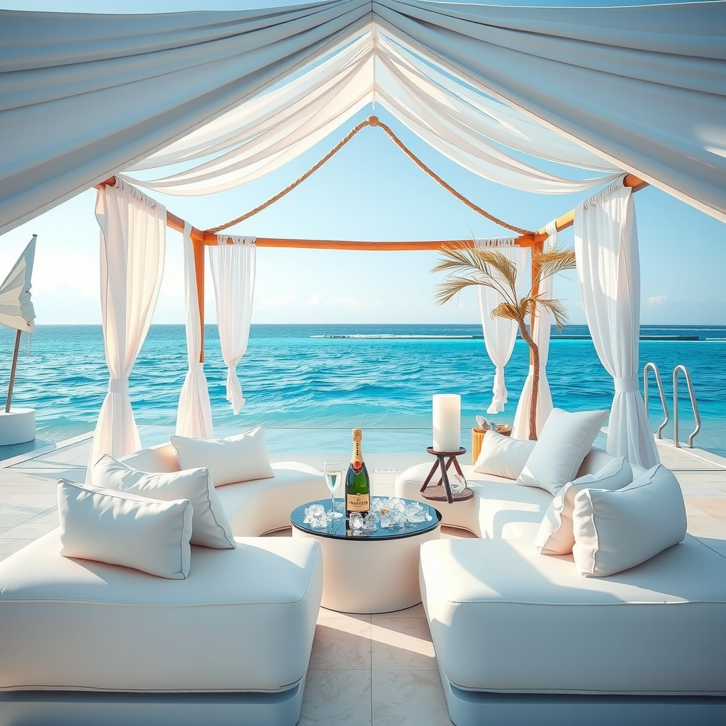 Exclusive private cabana at a Dubai beach club featuring plush white seating, personal butler service, champagne on ice, and unobstructed views of the turquoise Arabian Gulf