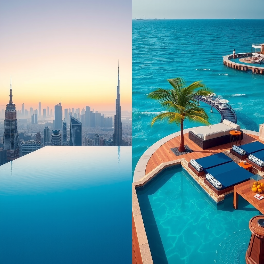 Split comparison image showing luxurious rooftop infinity pool with city skyline on one side and elegant beach club with ocean view on other side, highlighting different luxury experiences in Dubai