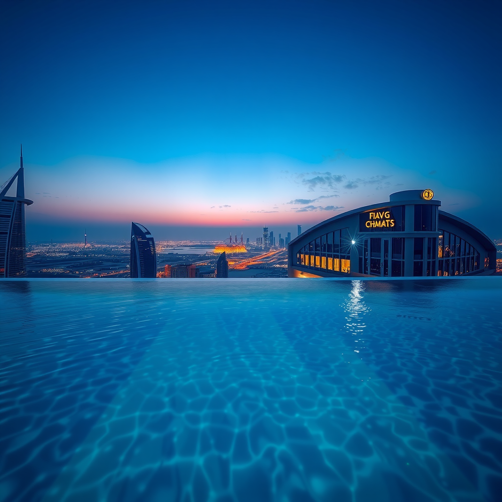 Magical twilight scene from infinity pool perspective as Dubai city lights begin to illuminate, with deep blue sky transitioning to night and golden reflections on water surface