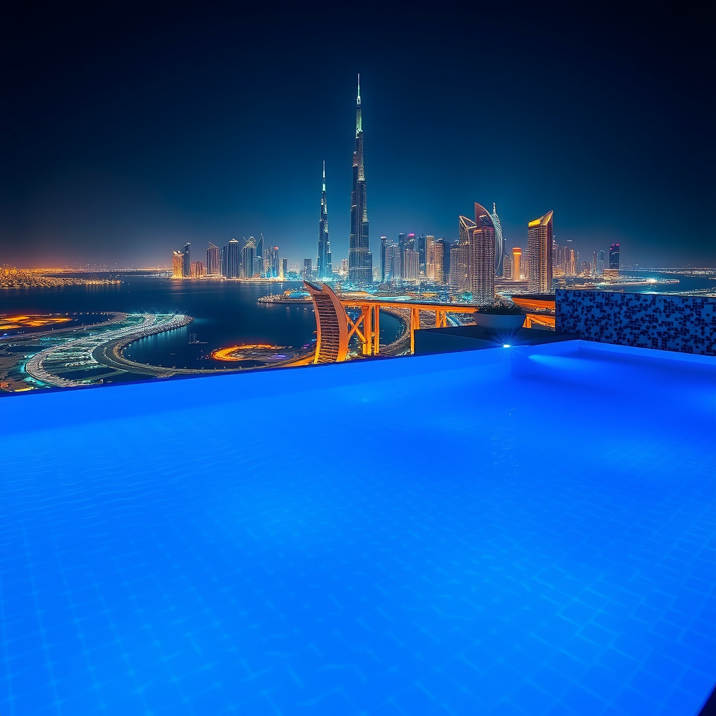 Illuminated infinity pool at night with underwater LED lights creating a blue glow, Dubai skyline lit up in the background, and elegant poolside lighting creating a sophisticated ambiance