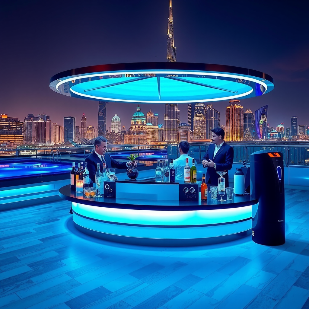 Modern futuristic bar setup at a luxury rooftop pool with LED lighting, high-tech cocktail preparation equipment, and sleek design elements, showcasing the evolution of poolside mixology against Dubai's illuminated evening skyline
