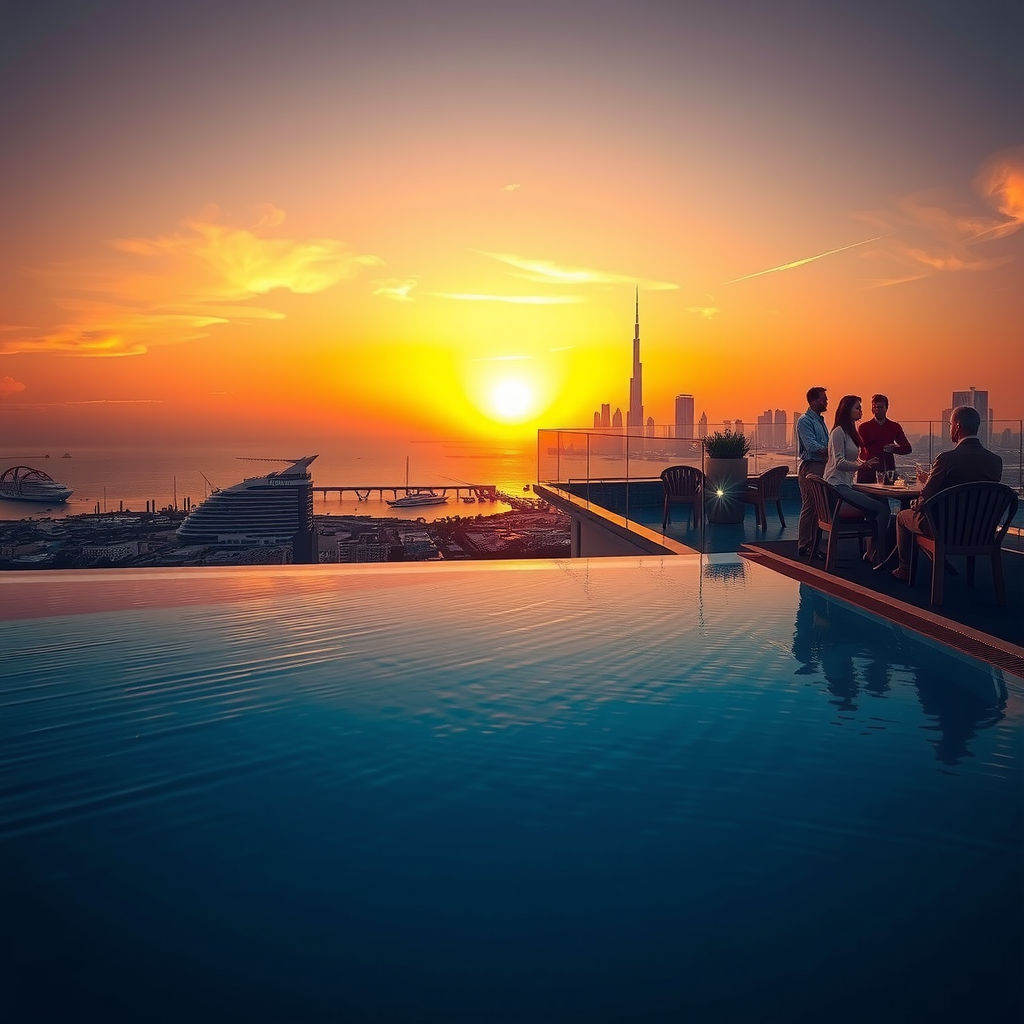 Breathtaking sunset view from infinity pool with golden hour lighting reflecting off water, silhouettes of guests in private lounges, and Dubai's illuminated skyline creating a romantic atmosphere