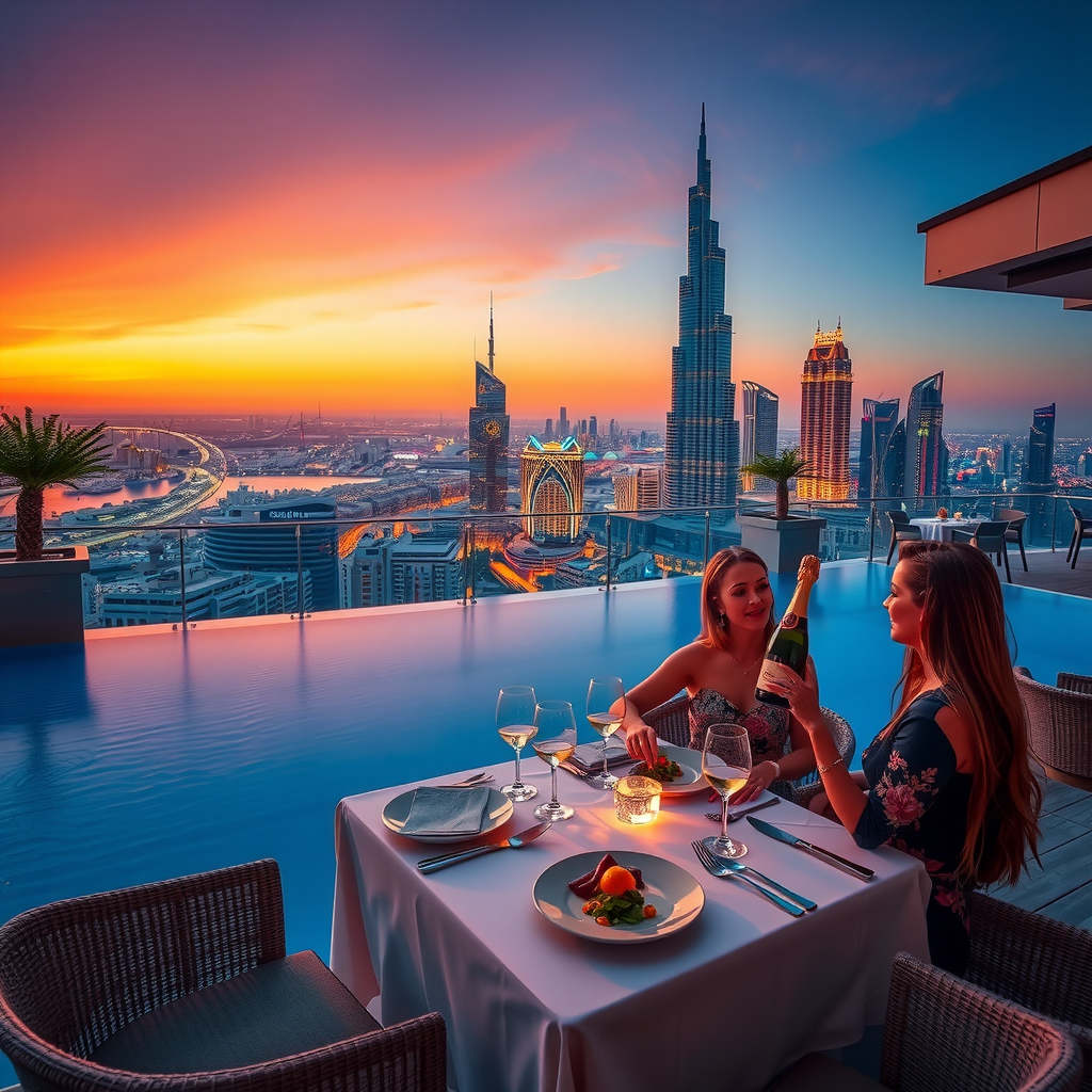 Sophisticated poolside dining experience at a Dubai rooftop venue featuring gourmet cuisine, elegant table settings, champagne service, and stunning sunset views over the illuminated cityscape