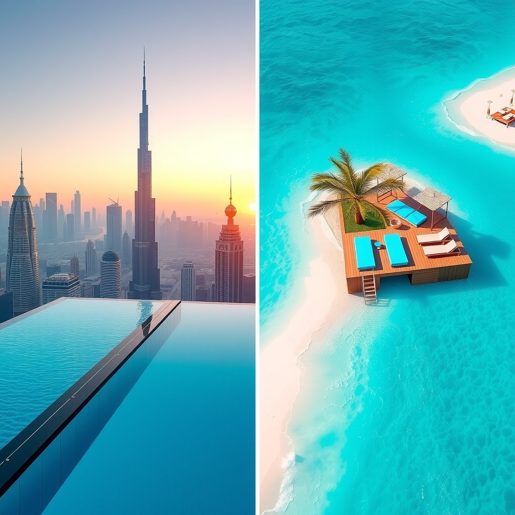 Comparative visual showing Dubai's two luxury experiences: left side features a rooftop infinity pool with dramatic city skyline views, right side shows a pristine beach club with turquoise waters, illustrating the choice between urban sophistication and coastal serenity